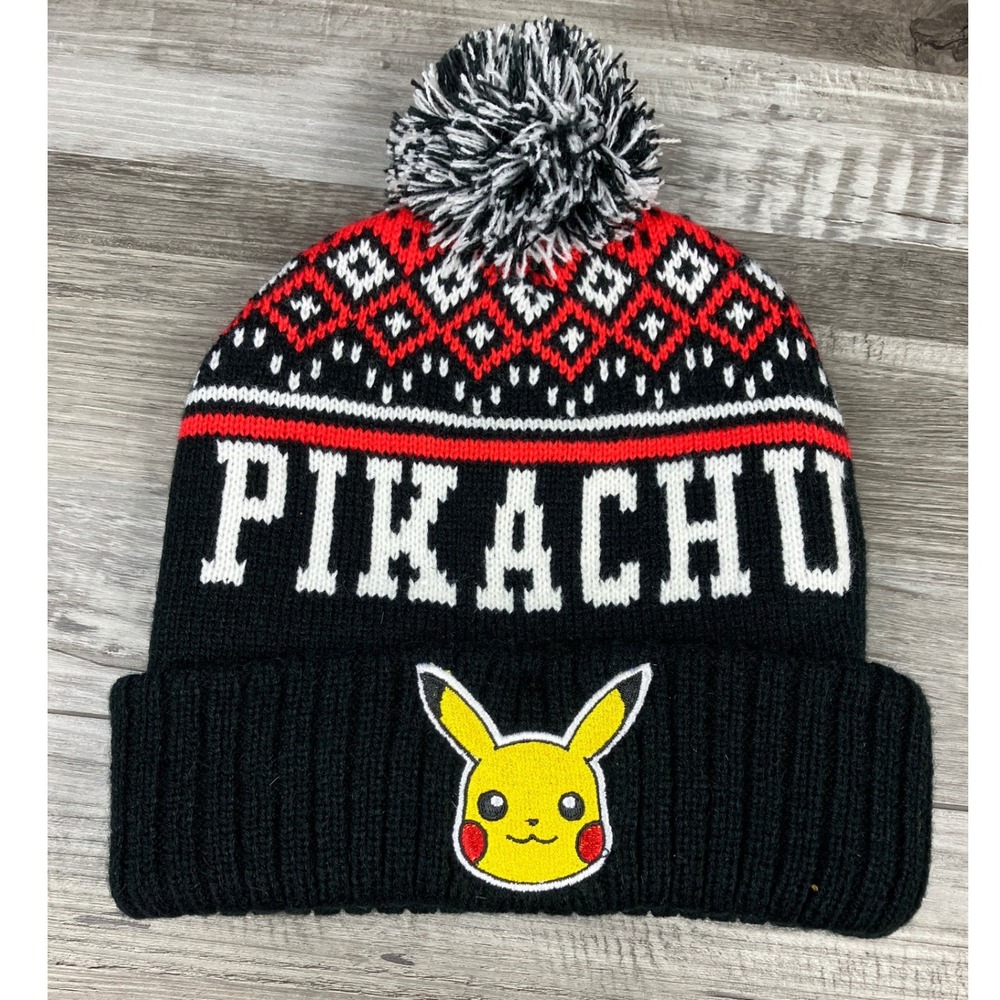 Pokemon Pikachu Black Red Fair Isle Pom Pom Cuffed Beanie Hat Knit Cap